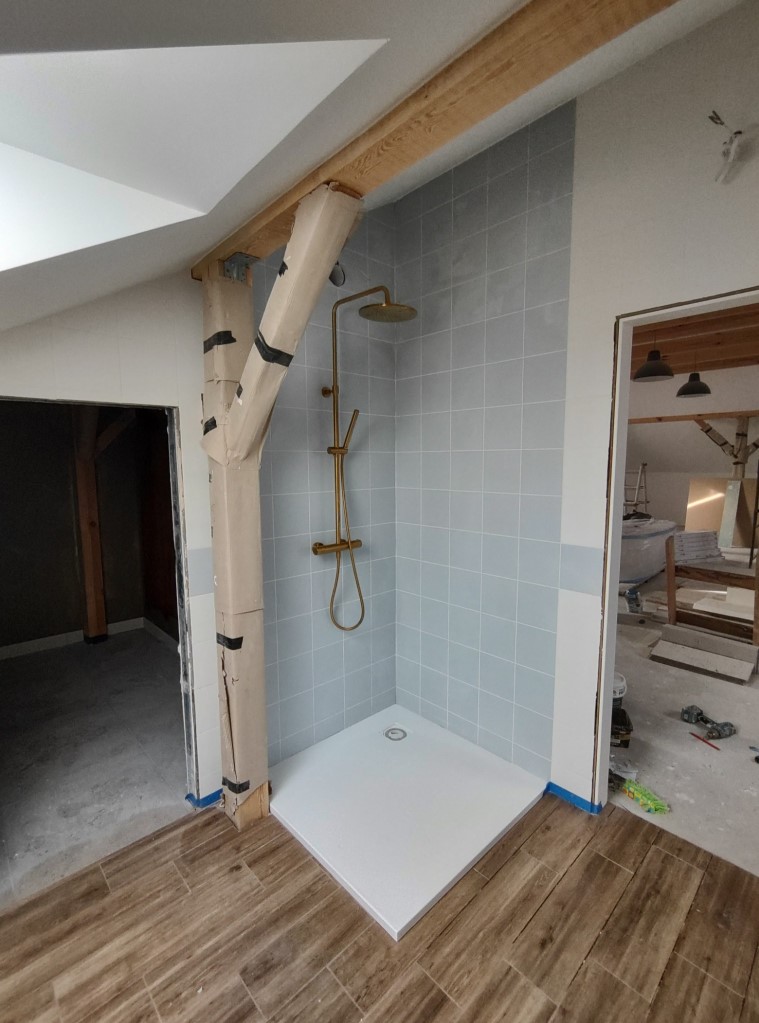 kabina prysznicowa ze złotą deszczownicą